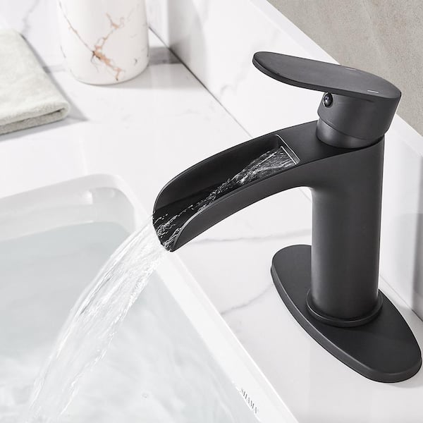 androme Waterfall Single Hole Single Handle Mid-Arc Bathroom Faucet with Deckplate in Matte Black (Drain Kit Not Included)