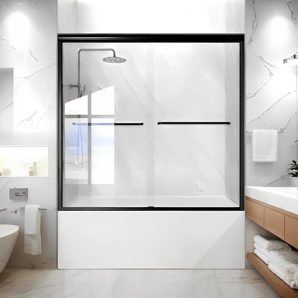 iBath 55-60 in. W x 60 in. H Sliding Semi-Frameless Tub Door in Matte Black with Clear Glass