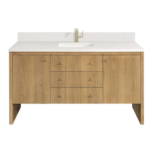 James Martin Vanities Hudson 60.0 in. W x 23.5 in. D x 34.2 in. H Single Bathroom Vanity in Light Natural Oak with White Zeus Quartz Top