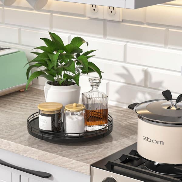 Countertop Lazy Susan Organizer, 360° Rotating Turntable Tray, Iron & Oak Wood Construction for Kitchen, in Black