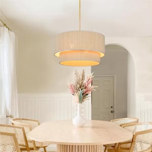 Zenith 20 in. 4-Light Natural Rattan Tiered Drum Pendant Chandelier Light with Brass Hardware