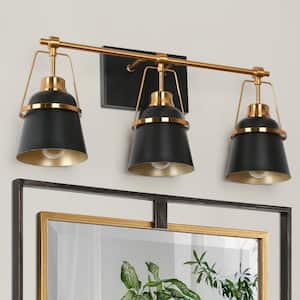 Modern Dome Bathroom Vanity Light 3-Light Black and Plating Brass Funnel Wall Sconce Light with Metal Glass Shades