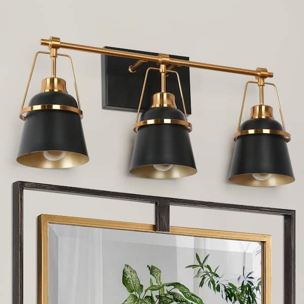 Uolfin Modern Dome Bathroom Vanity Light 3-Light Black and Plating Brass Funnel Wall Sconce Light with Metal Glass Shades