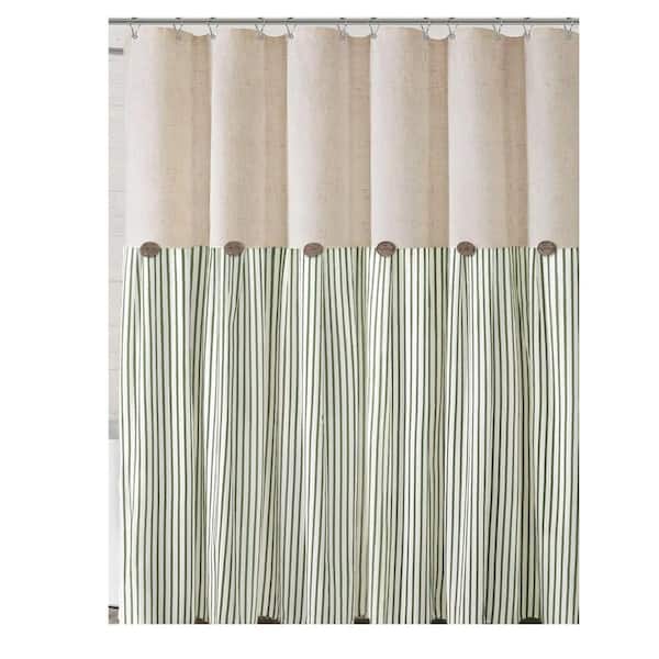 72" W x 72" L Rustic Shower Curtain Linen Button Woven Fabric,Green Stripe