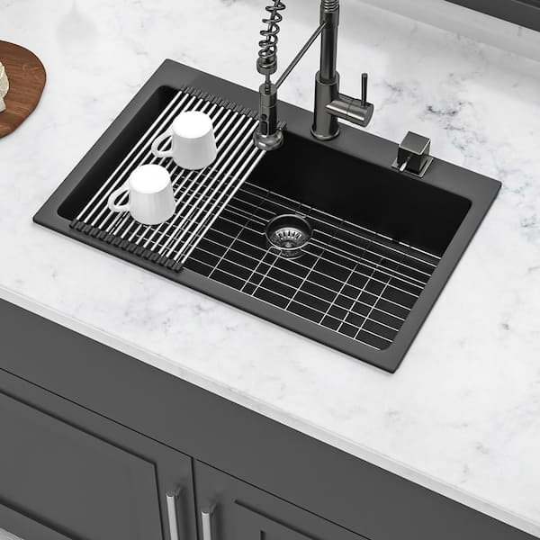 33 in. Drop-In Single Bowl Black Quartz Kitchen Sink with Bottom Grids