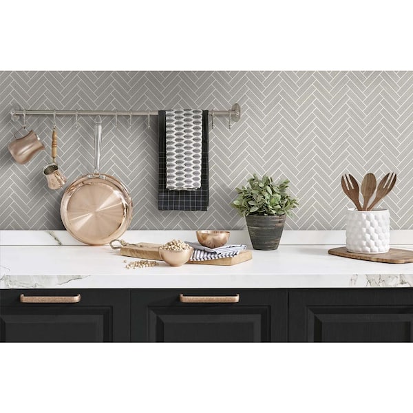 30.75 sq. ft. Warm Stone & Metallic Pearl Herringbone Inlay Vinyl Peel and Stick Wallpaper Roll