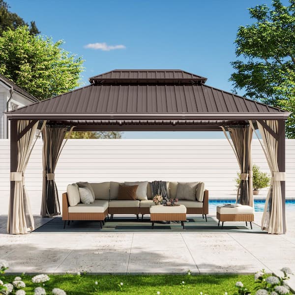 LAUSAINT HOME 12 ft. x 16 ft. Brown Hardtop Gazebo with Mosquito Net and Privacy Curtain
