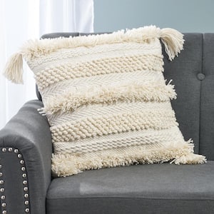 Broadview White and Silver Striped Cotton 18 in. x 18 in. Throw Pillow