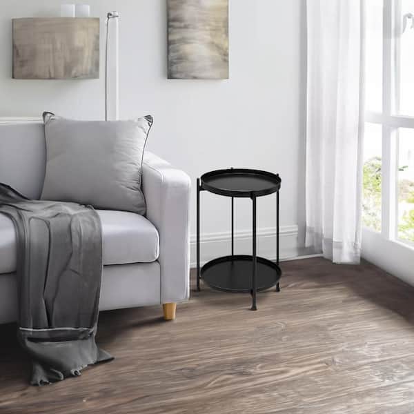 THE URBAN PORT Vica 15 in. Black Round Metal Top Modern Side End Table with Foldable Legs