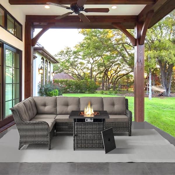Opohoro Gray 2-Piece Wicker Patio Fire Pit Set, Outdoor 6-Seater Sectional Seating Set with Olefin Gray Cushions