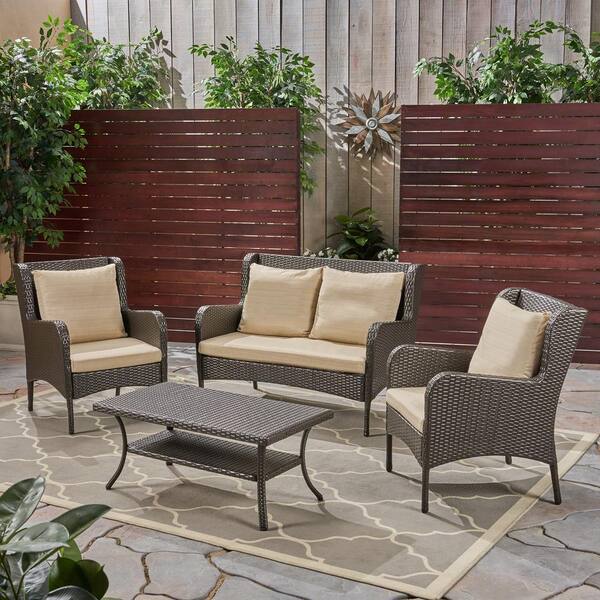 Noble House Adelaide Multi-Brown 4-Piece Plastic Patio Conversation Set with Beige Cushions