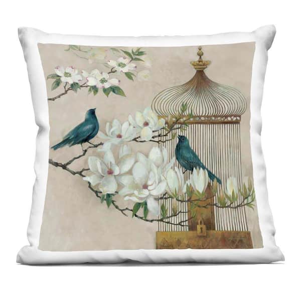 Floral Bluebird Menagerie Beige Floral Zipper Polyester 18 in. x 18 in. Throw Pillow
