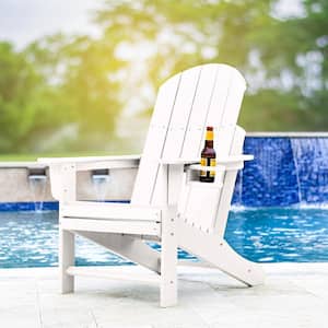 Heavy-Duty White Plastic Adirondack Chair with Extra Wide Seat, Taller Back, Cup-Holder, and 400 lb. Weight Capacity