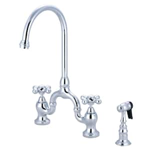 English Country Double-Handle Deck Mount Gooseneck Bridge Kitchen Faucet with Brass Sprayer in Polished Chrome