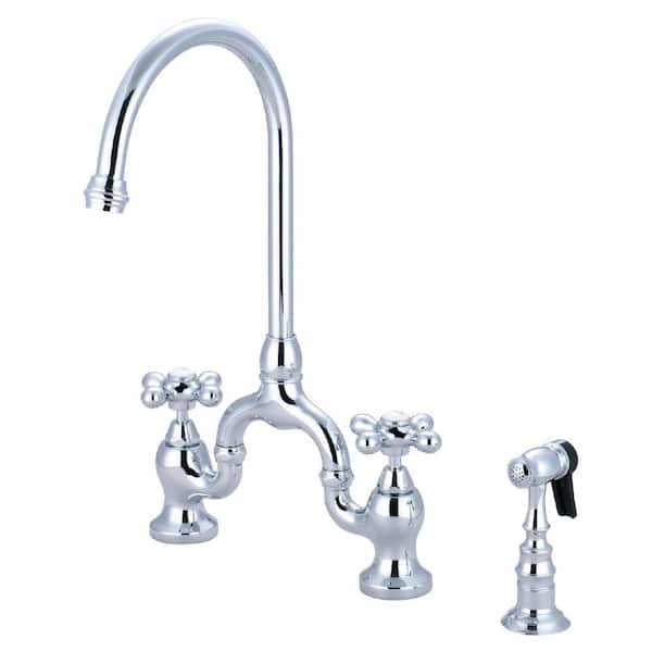 Kingston Brass English Country Double-Handle Deck Mount Gooseneck Bridge Kitchen Faucet with Brass Sprayer in Polished Chrome