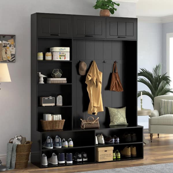 Noble House Zovik Farmhouse Classic Black Wood Hall Tree with