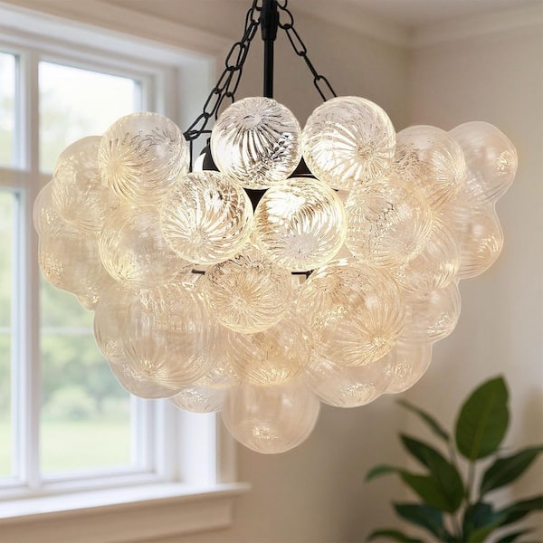 1-Light Black Bubble Ball Glass Integrated LED Chandelier, RGBCW Dimmable Blown Glass Cluster for Dining Table, Bedroom