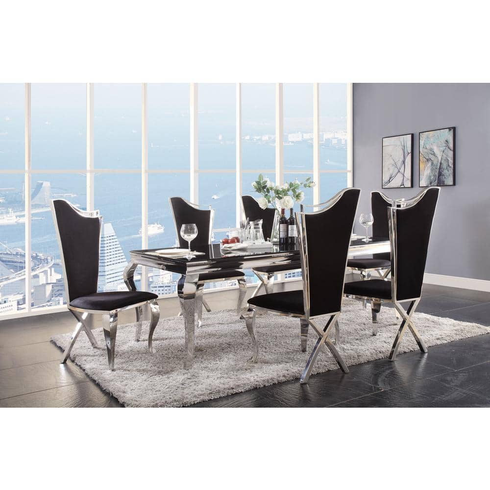 Fabiola Rectangular Black Glass Dining Table with Stainless Steel Legs