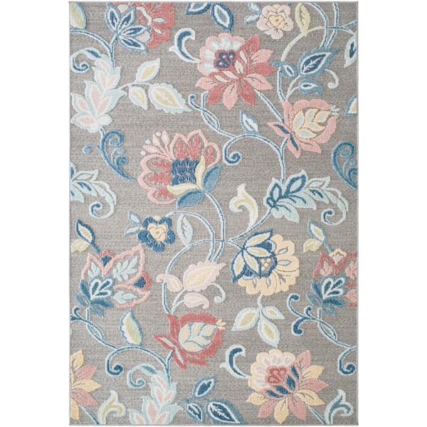Livabliss Lakeside Medium Gray/Multi Floral and Botanical 5 ft. x 7 ft. Indoor/Outdoor Area Rug