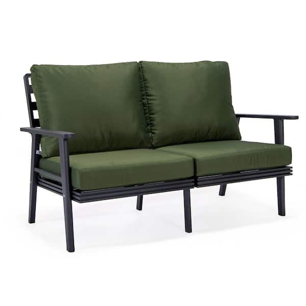 Leisuremod Walbrooke Black 1-Piece Metal Outdoor Loveseat with Green Cushions