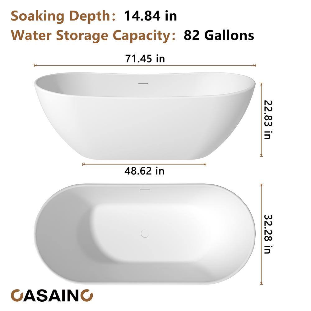 71.46'' Matte White Solid Surface Freestanding Soaking Bathtub