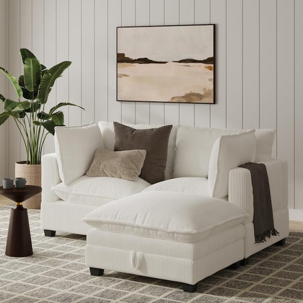 Chelsea 76.4 in. Pearl White Corduroy Fabric Upholstery 2-Seater Loveseat and Ottoman Set with Removable Covers