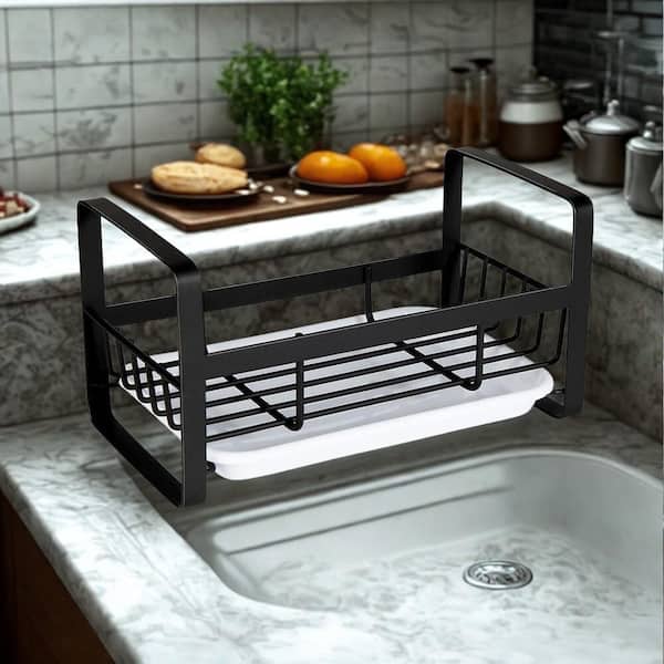 Black Stainless Steel Kitchen Sink Organizer Rack with Removable Drip Tray and Adhesive Countertop Caddy