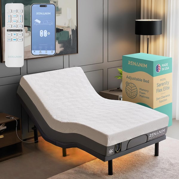 Gray Twin XL Adjustable Bed Frame Plus Firm Cooling Gel Memory Foam Mattress-Massage, USB, Under Bed Light, APP, Remote