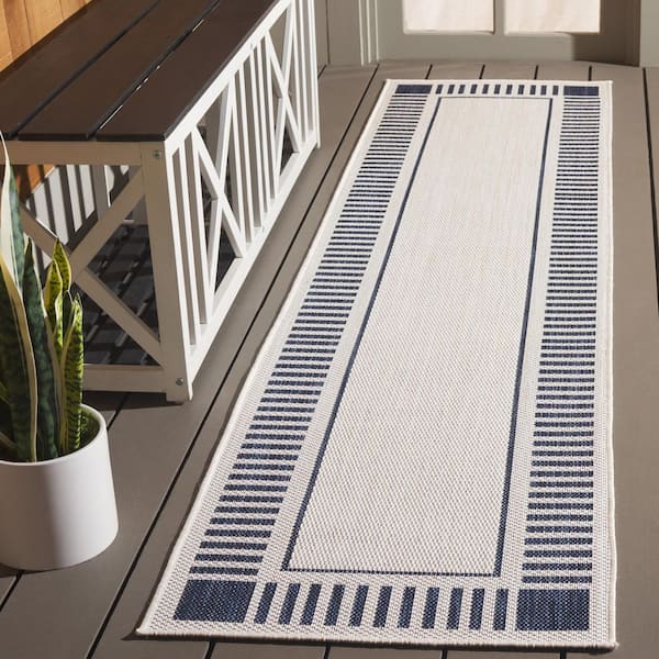 Beach House Ivory/Navy 2 ft. x 8 ft. Striped Border Indoor/Outdoor Runner Rug