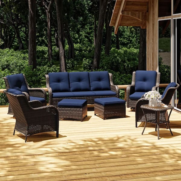 JOYSIDE 8-Piece Wicker Outdoor Patio Conversation Set with Blue Cushions and Swivel Rocking Chairs