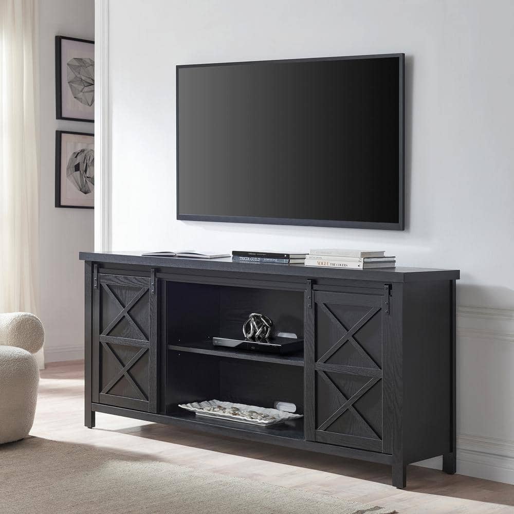 Elmwood Modern Farmhouse TV Stand with Sliding Barn Doors, Black Grain, 68"
