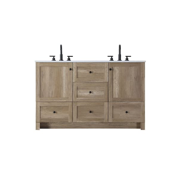 54 in. Double Sink Natural Oak Bath Vanity with White Engineered Marble Top