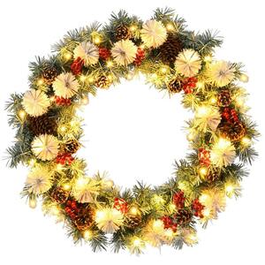 30 in. Flocked Pre-Lit LED Artificial Christmas Wreath with Red Berries and Pinecones