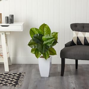 34 in. Artificial Large Philodendron Leaf Plant in White Metal Planter