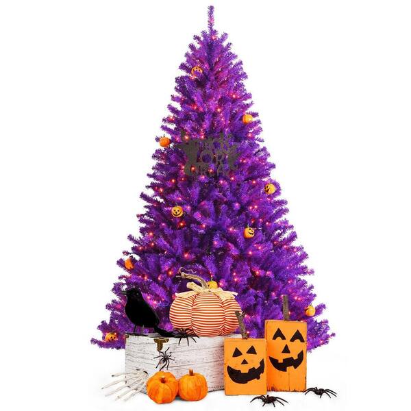 Angeles Home 7 ft. Purple Pre-Lit Halloween Tree Artificial Christmas Tree with Orange Lights and Pumpkin Ornaments