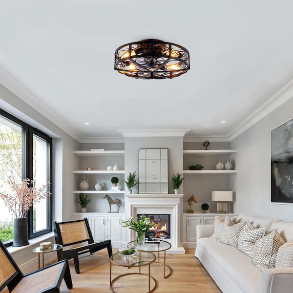 20 in. 4-Light Black Reversible DC Motor Flush Mount Ceiling Fan with Remote Control 6 Wind Speeds Timing