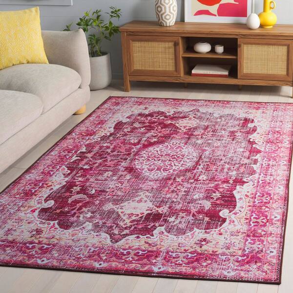 Tucson Burgundy/Pink 5 ft. x 8 ft. Machine Washable Abstract Medallion Border Area Rug