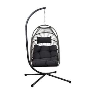 Black Swinging Wicker Outdoor Lounge Chair with Stand and Gray Cushions
