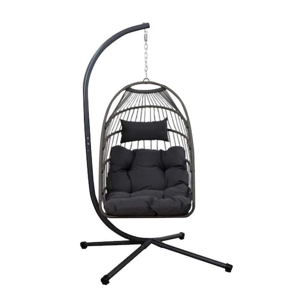 Tunearary Black Swinging Wicker Outdoor Lounge Chair with Stand and Gray Cushions