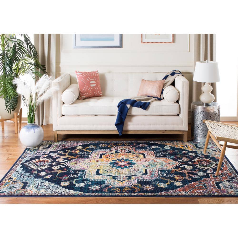 Navy and Fuchsia Floral Synthetic Area Rug