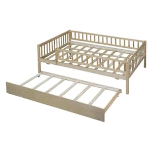 79.5 in. W x 57 in. D x 28.3 in. H Beige Wood Linen Cabinet with Full Size Daybed, Trundle and Fence Guardrails
