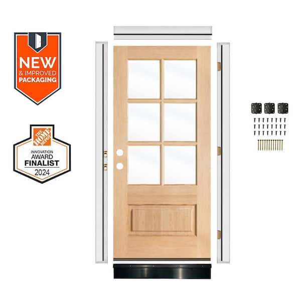 Krosswood Doors DIY 36in.x80in. Farmhouse Right-Handed 6 Lite Clear Glass Unfinished Hemlock Wood Front Door Kit w/ Quick Assemble Jamb