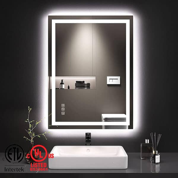 TOOLKISS 24 in. W x 36 in. H Frameless Rectangular Wall Anti-Fog LED Light Bathroom Vanity Mirror with Backlit and Front Light
