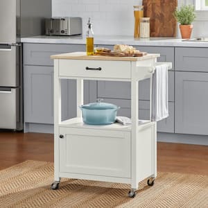 Rockford Small White Rolling Kitchen Cart with Butcher Block Top and Cabinet Storage (29" W)