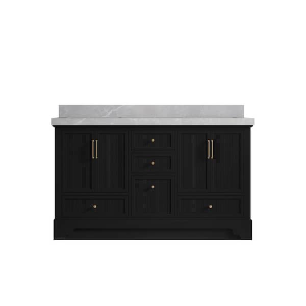 Willow Collections Alys 60 in. W x 22 in. D x 36 in. H Double Sink Bath Vanity in Black with 2 in. Pearl Gray Quartz Top