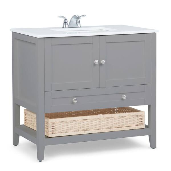 Simpli Home Cape Cod 36 in. Bath Vanity in Warm Grey with Engineered Marble Extra Thick Vanity Top in White with White Basin