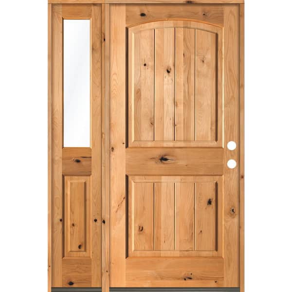 Krosswood Doors 56 in. x 80 in. Rustic knotty alder Sidelite 2 Panel Left-Hand/Inswing Clear Glass Clear Stain Wood Prehung Front Door