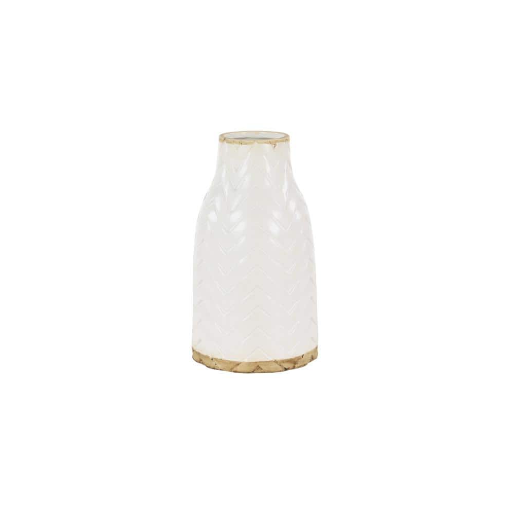 White Chevron Pattern Ceramic Vase with Brown Base, 12"