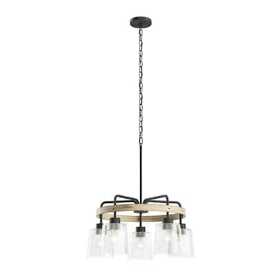 Bolson 5-Light Black with Distressed Antique White Accent Chandelier with Clear Seeded Glass Shades