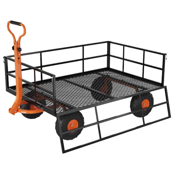1200 lb. 3-in-1 Steel Garden Cart with Removable Sides, 13 in. Pneumatic Tires and Pull/Tow Handle, Black/Orange